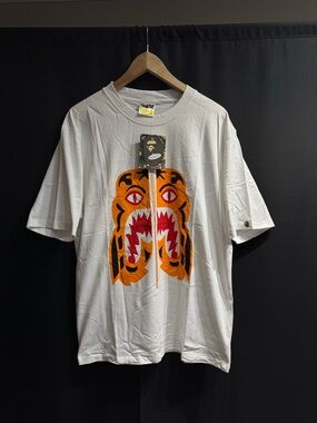 Bape White Short Sleeve Tee with Orange & Red Tiger Graphic